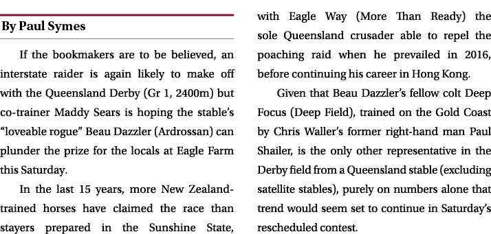 ￼ If the bookmakers are to be believed, an interstate raider is again likely to make off with the Queensland Derby (G...