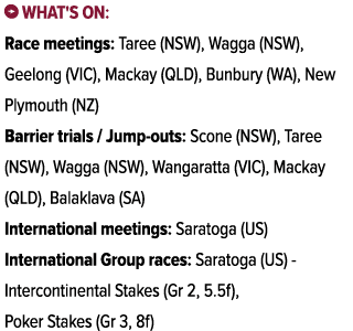 ￼ What's on: Race meetings: Taree (NSW), Wagga (NSW), Geelong (VIC), Mackay (QLD), Bunbury (WA), New Plymouth (NZ) Ba...