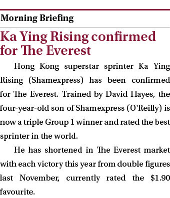  ￼ Ka Ying Rising confirmed for The Everest Hong Kong superstar sprinter Ka Ying Rising (Shamexpress) has been confir...