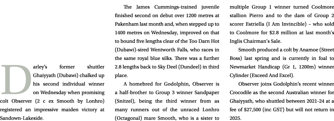  Darley’s former shuttler Ghaiyyath (Dubawi) chalked up his second individual winner on Wednesday when promising colt...