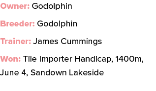 Owner: Godolphin Breeder: Godolphin Trainer: James Cummings Won: Tile Importer Handicap, 1400m, June 4, Sandown Lakeside
