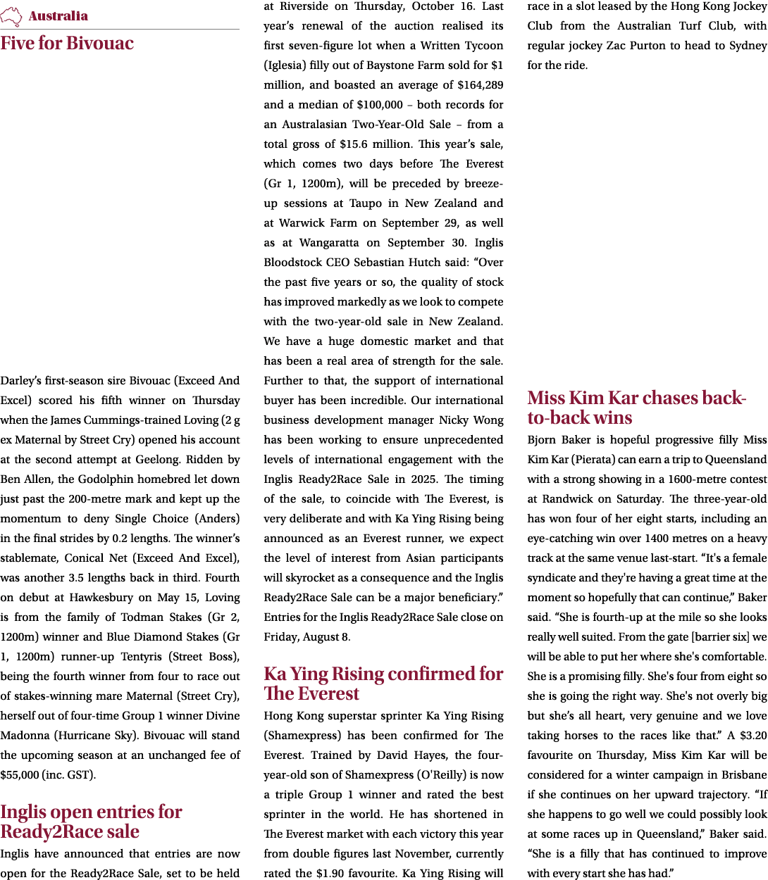 ￼ Five for Bivouac Darley’s first season sire Bivouac (Exceed And Excel) scored his fifth winner on Thursday when the...