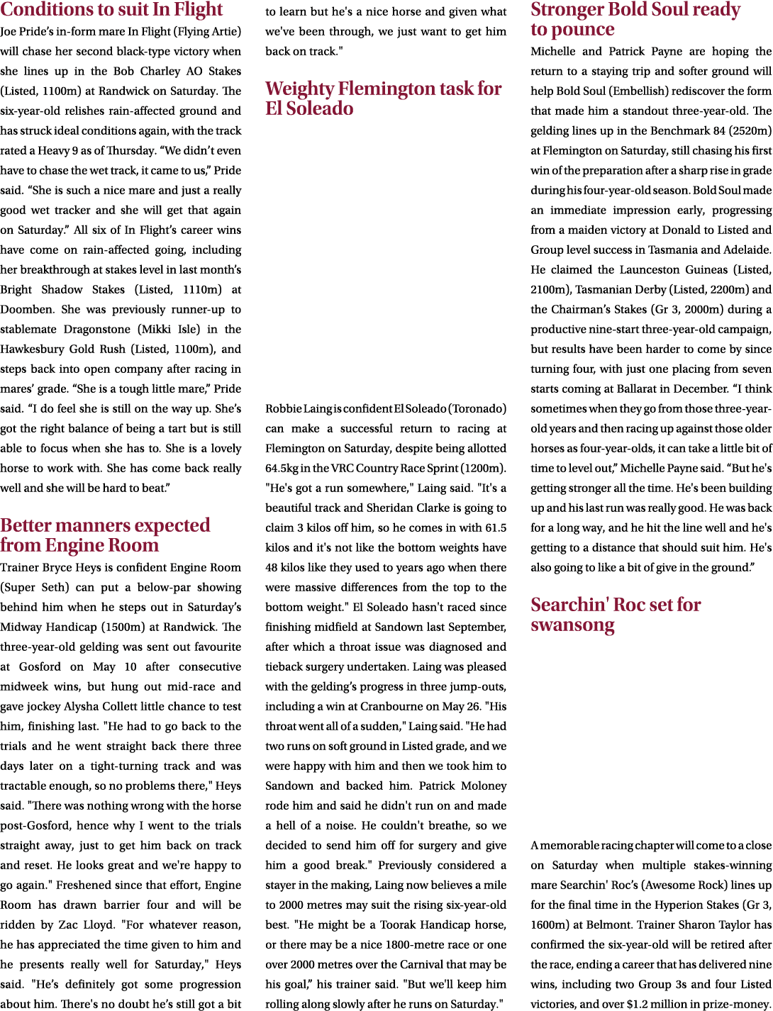 Conditions to suit In Flight Joe Pride’s in form mare In Flight (Flying Artie) will chase her second black type victo...