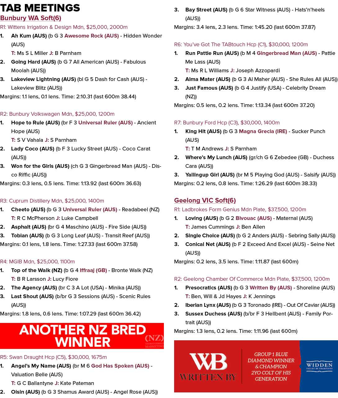 Tab Meetings Bunbury WA Soft(6) R1: Wittens Irrigation & Design Mdn, $25,000, 2000m 1. Ah Kum (AUS) (b G 3 Awesome Ro...
