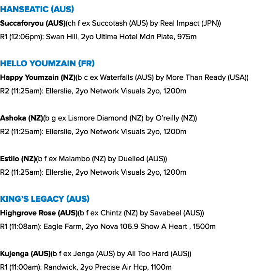 Hanseatic (AUS) Succaforyou (AUS)(ch f ex Succotash (AUS) by Real Impact (JPN)) R1 (12:06pm): Swan Hill, 2yo Ultima H...