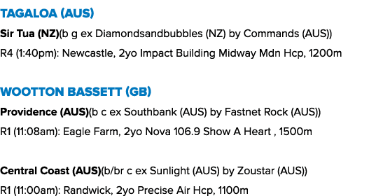 Tagaloa (AUS) Sir Tua (NZ)(b g ex Diamondsandbubbles (NZ) by Commands (AUS)) R4 (1:40pm): Newcastle, 2yo Impact Build...