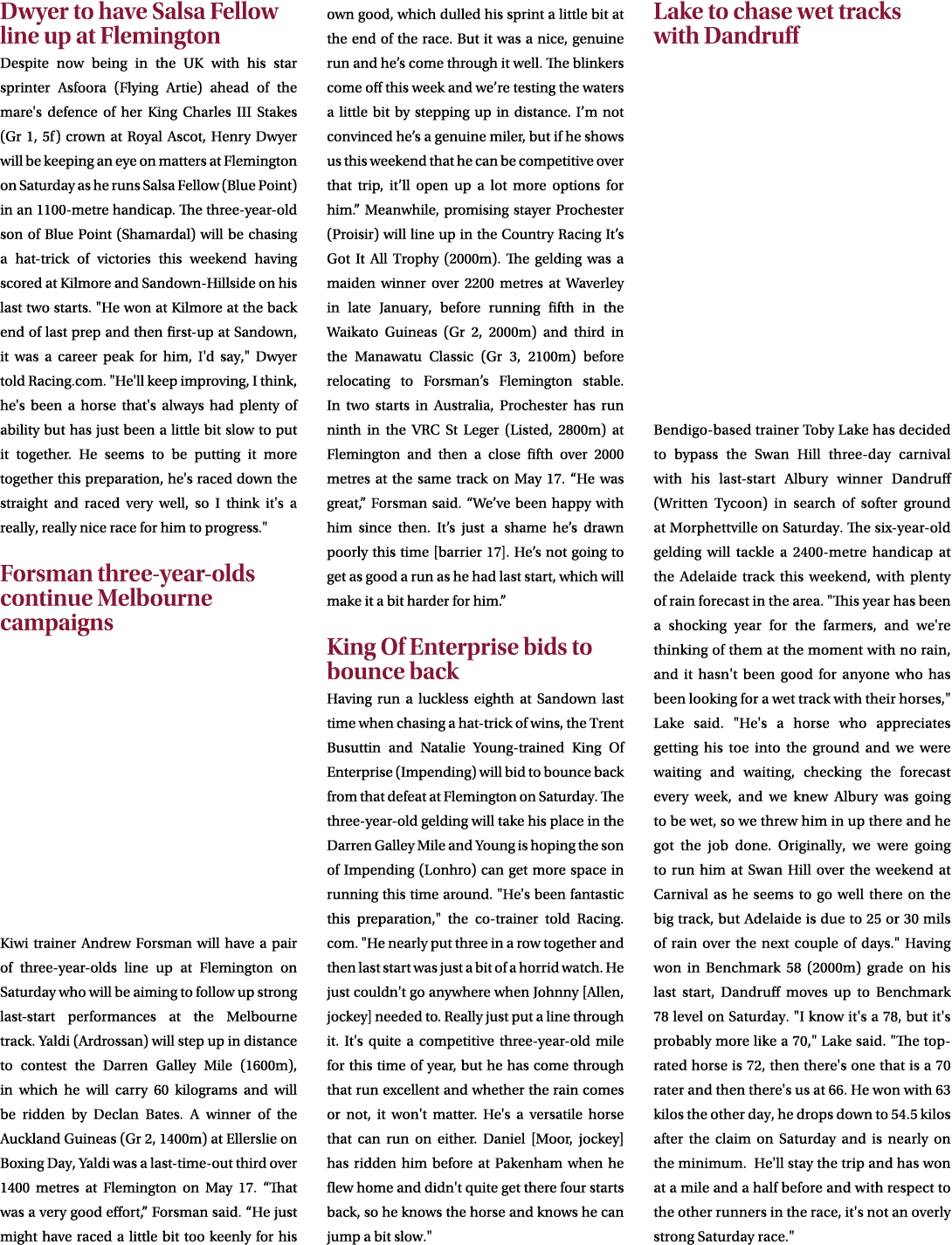 Dwyer to have Salsa Fellow line up at Flemington Despite now being in the UK with his star sprinter Asfoora (Flying A...