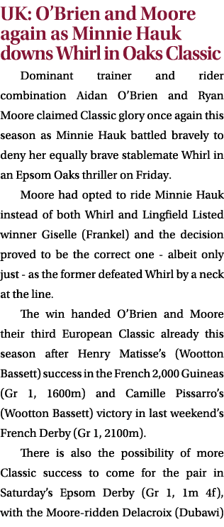 UK: O’Brien and Moore again as Minnie Hauk downs Whirl in Oaks Classic Dominant trainer and rider combination Aidan O...