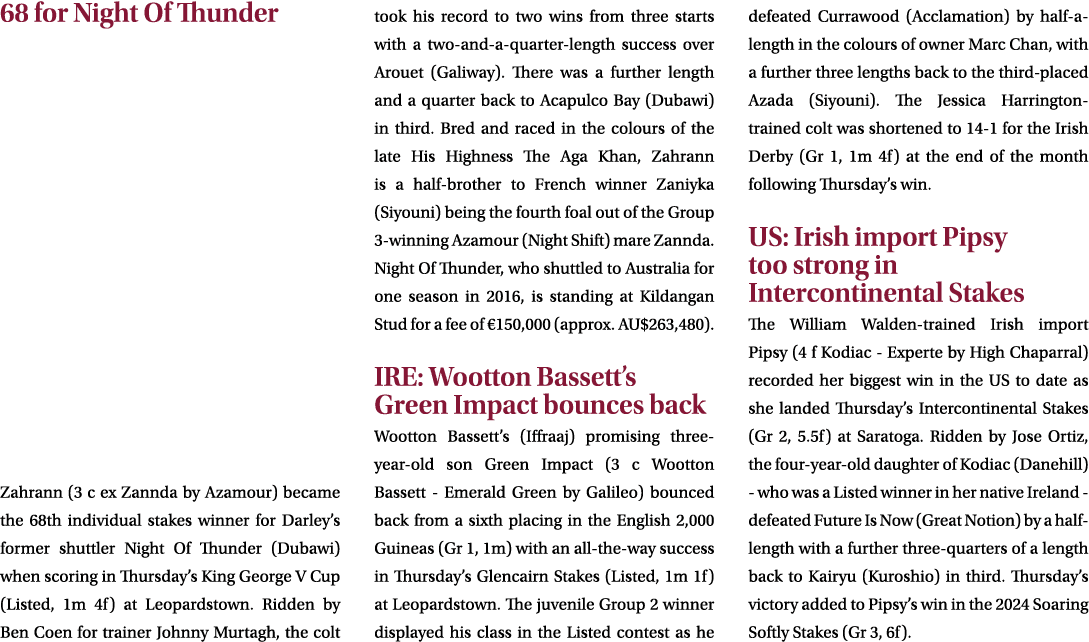 68 for Night Of Thunder Zahrann (3 c ex Zannda by Azamour) became the 68th individual stakes winner for Darley’s form...