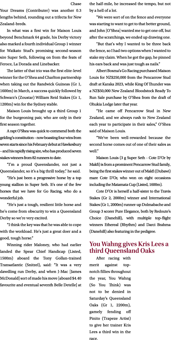  Chase Your Dreams (Contributer) was another 0.3 lengths behind, rounding out a trifecta for New Zealand breds. In wh...