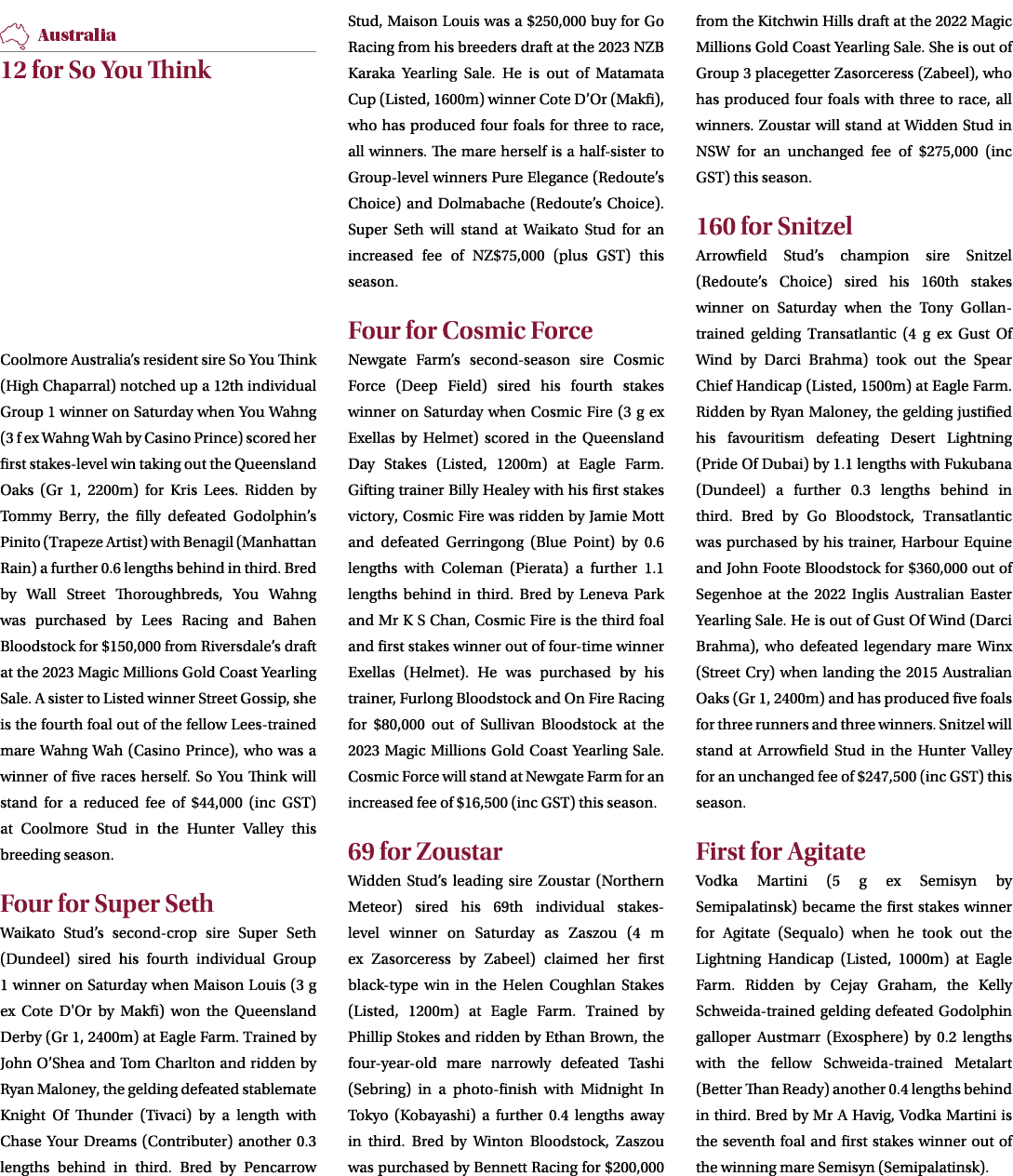 ￼ 12 for So You Think Coolmore Australia’s resident sire So You Think (High Chaparral) notched up a 12th individual G...