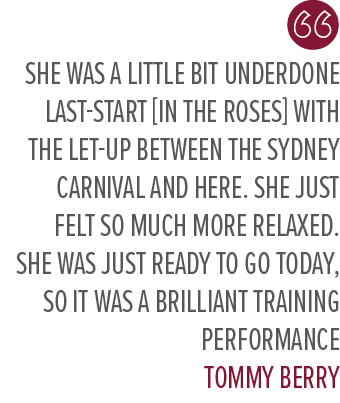 She was a little bit underdone last start [in The Roses] with the let up between the Sydney Carnival and here. She ju...