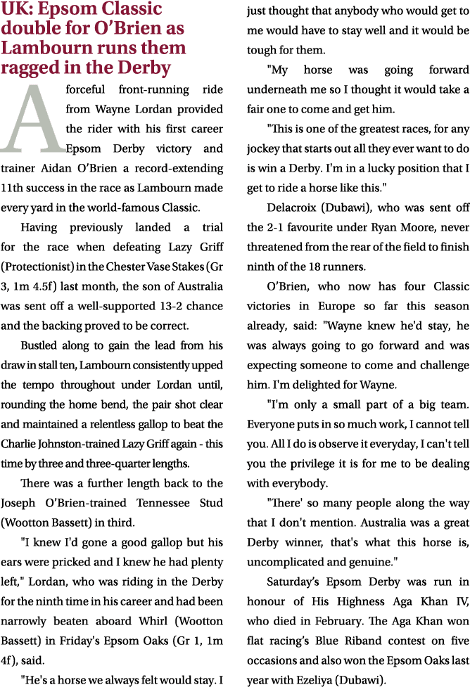 UK: Epsom Classic double for O’Brien as Lambourn runs them ragged in the Derby A forceful front running ride from Way...