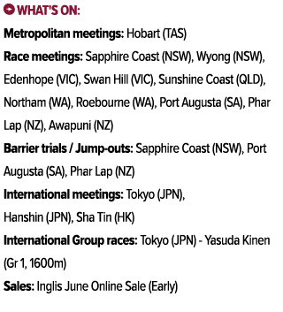 ￼ What's on: Metropolitan meetings: Hobart (TAS) Race meetings: Sapphire Coast (NSW), Wyong (NSW), Edenhope (VIC), Sw...