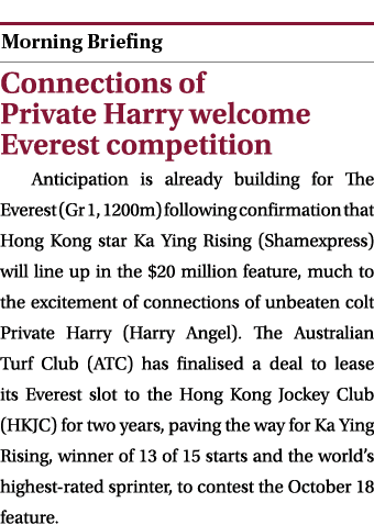  ￼ Connections of Private Harry welcome Everest competition Anticipation is already building for The Everest (Gr 1, 1...