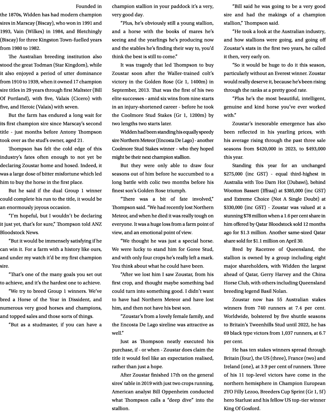 Founded in the 1870s, Widden has had modern champion sires in Marscay (Biscay), who won in 1991 and 1993, Vain (Wilke...