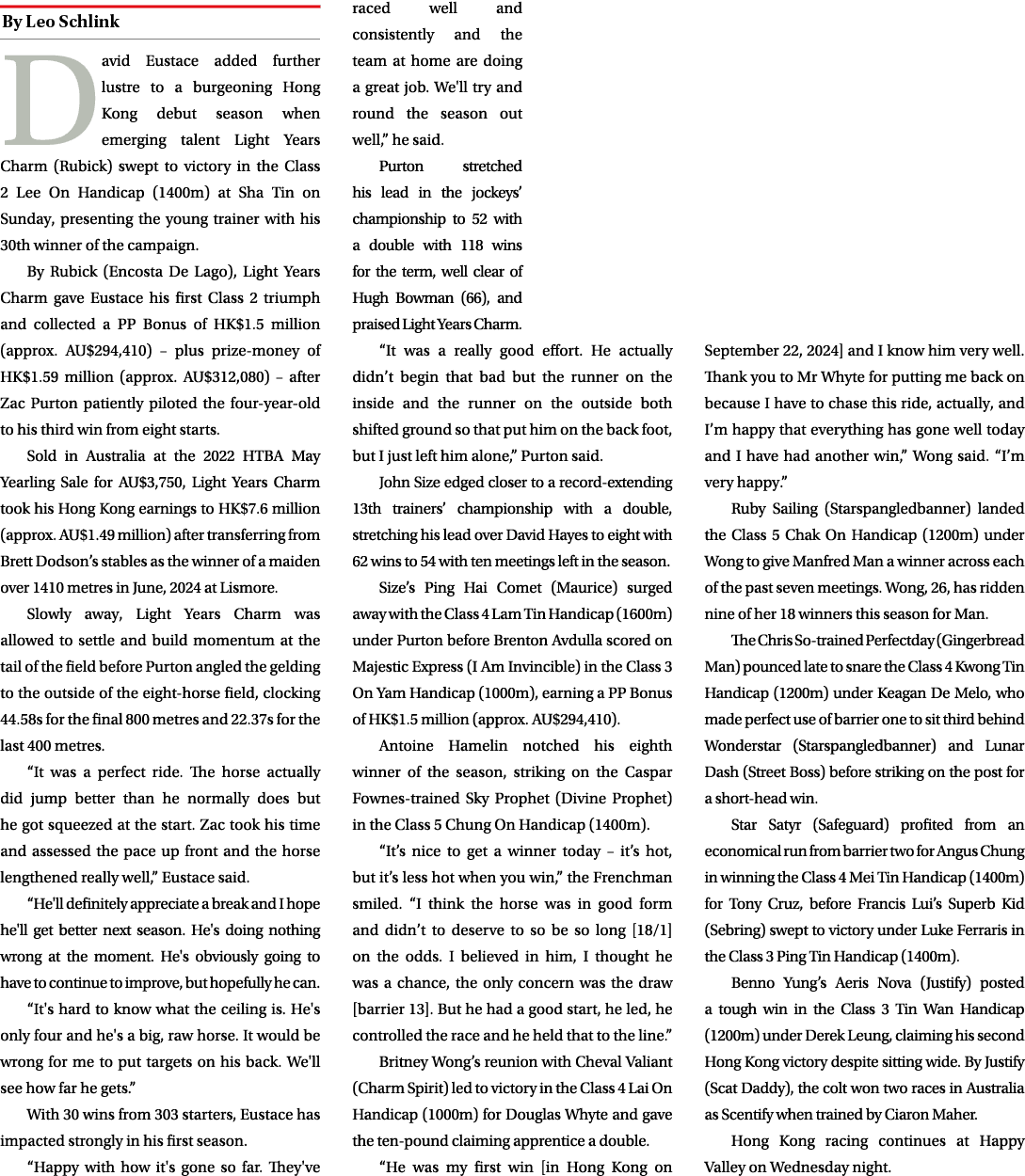 ￼ David Eustace added further lustre to a burgeoning Hong Kong debut season when emerging talent Light Years Charm (R...