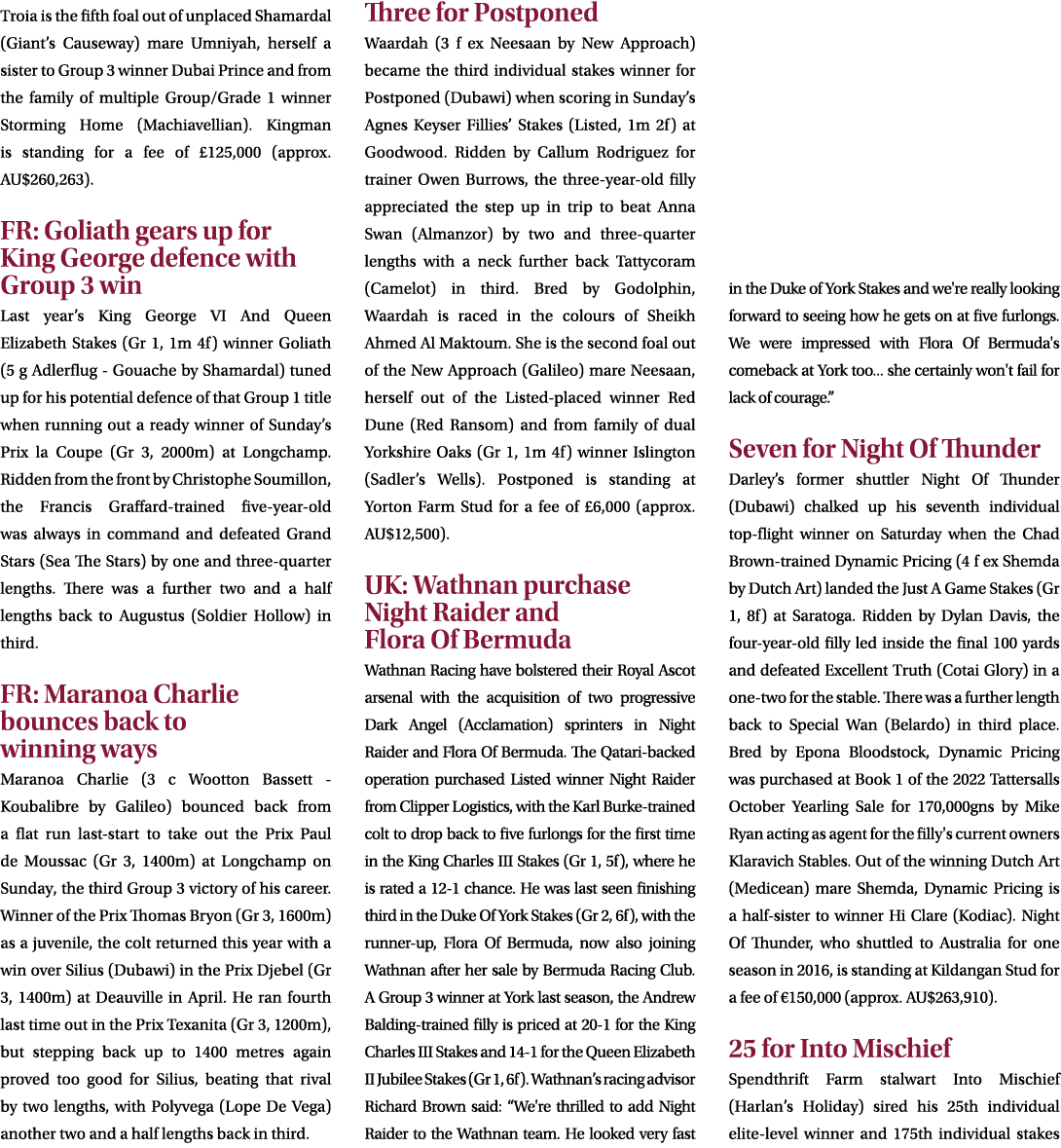 Troia is the fifth foal out of unplaced Shamardal (Giant’s Causeway) mare Umniyah, herself a sister to Group 3 winner...