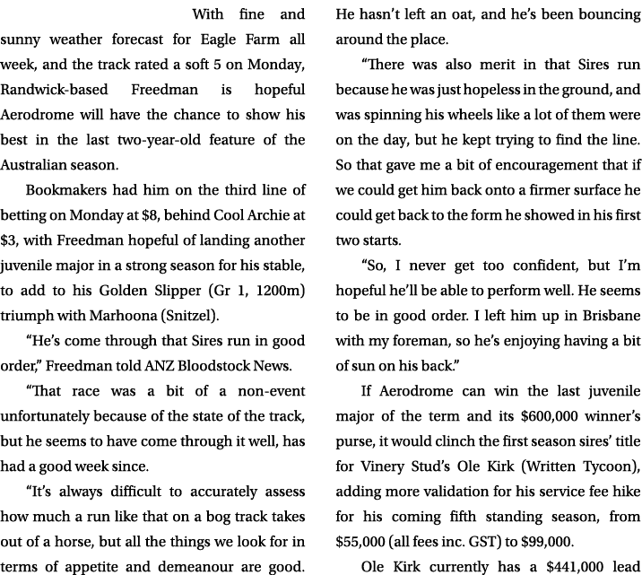 With fine and sunny weather forecast for Eagle Farm all week, and the track rated a soft 5 on Monday, Randwick based ...