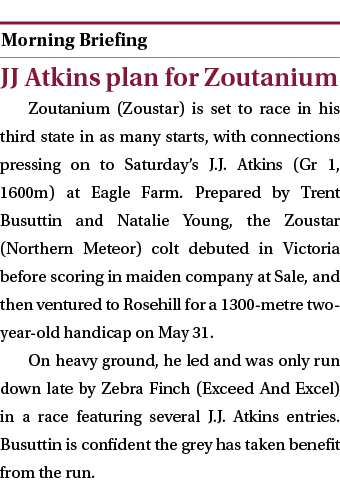  ￼ JJ Atkins plan for Zoutanium Zoutanium (Zoustar) is set to race in his third state in as many starts, with connect...