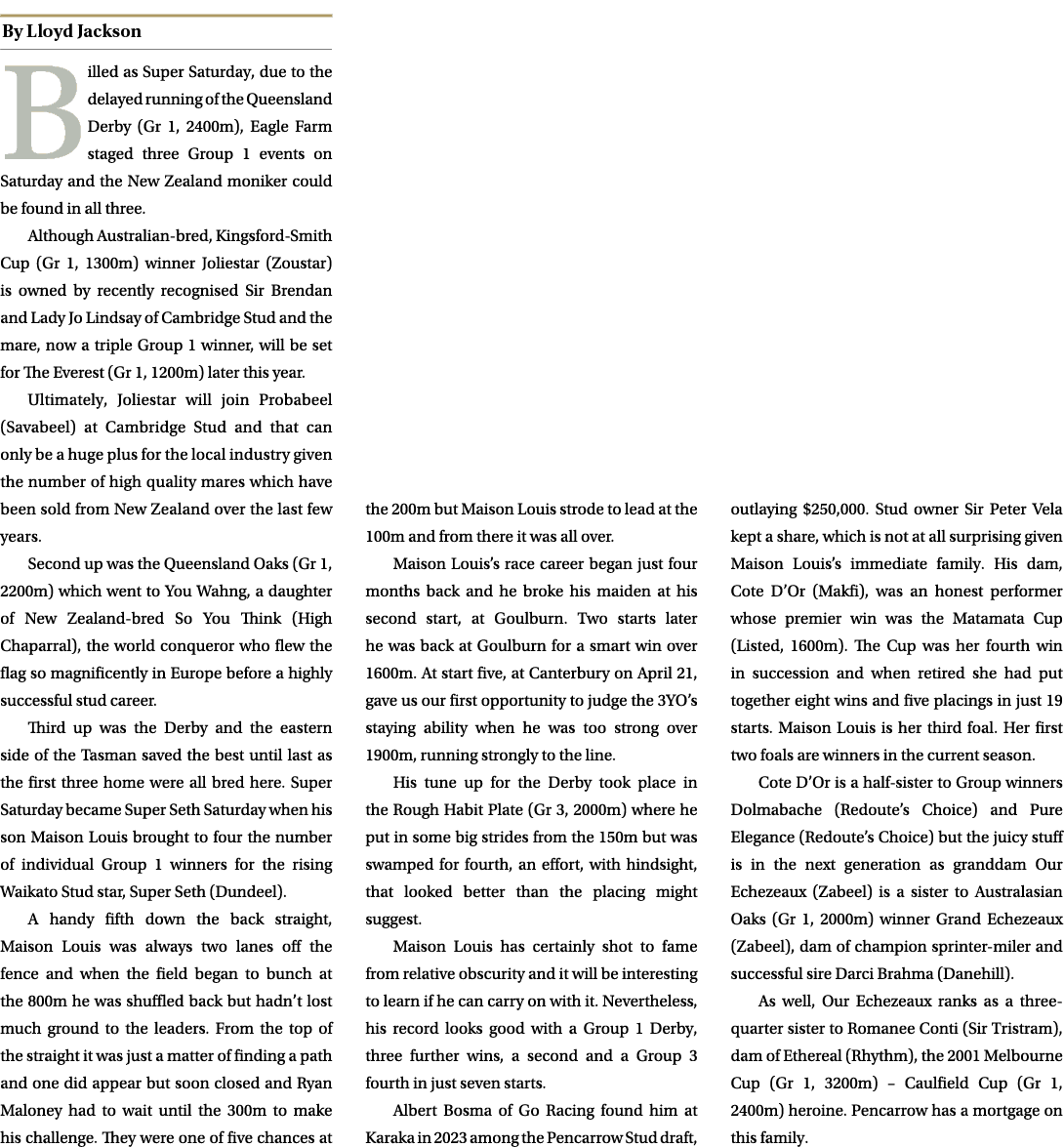 ￼ Billed as Super Saturday, due to the delayed running of the Queensland Derby (Gr 1, 2400m), Eagle Farm staged three...
