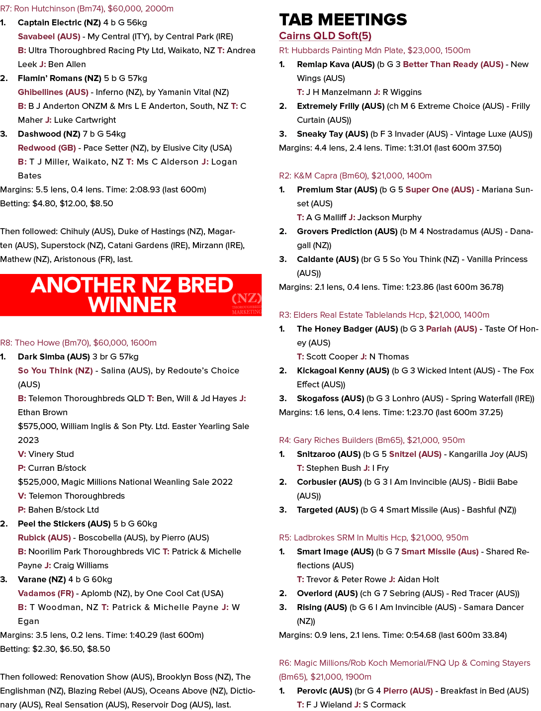 R7: Ron Hutchinson (Bm74), $60,000, 2000m 1. Captain Electric (NZ) 4 b G 56kg Savabeel (AUS) My Central (ITY), by Cen...