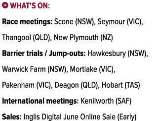 ￼ What's on: Race meetings: Scone (NSW), Seymour (VIC), Thangool (QLD), New Plymouth (NZ) Barrier trials / Jump outs:...