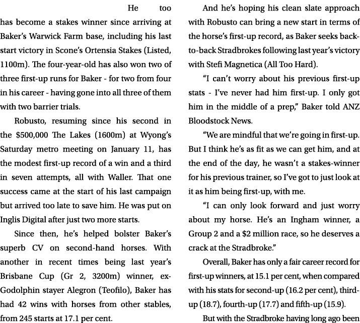 He too has become a stakes winner since arriving at Baker’s Warwick Farm base, including his last start victory in Sc...