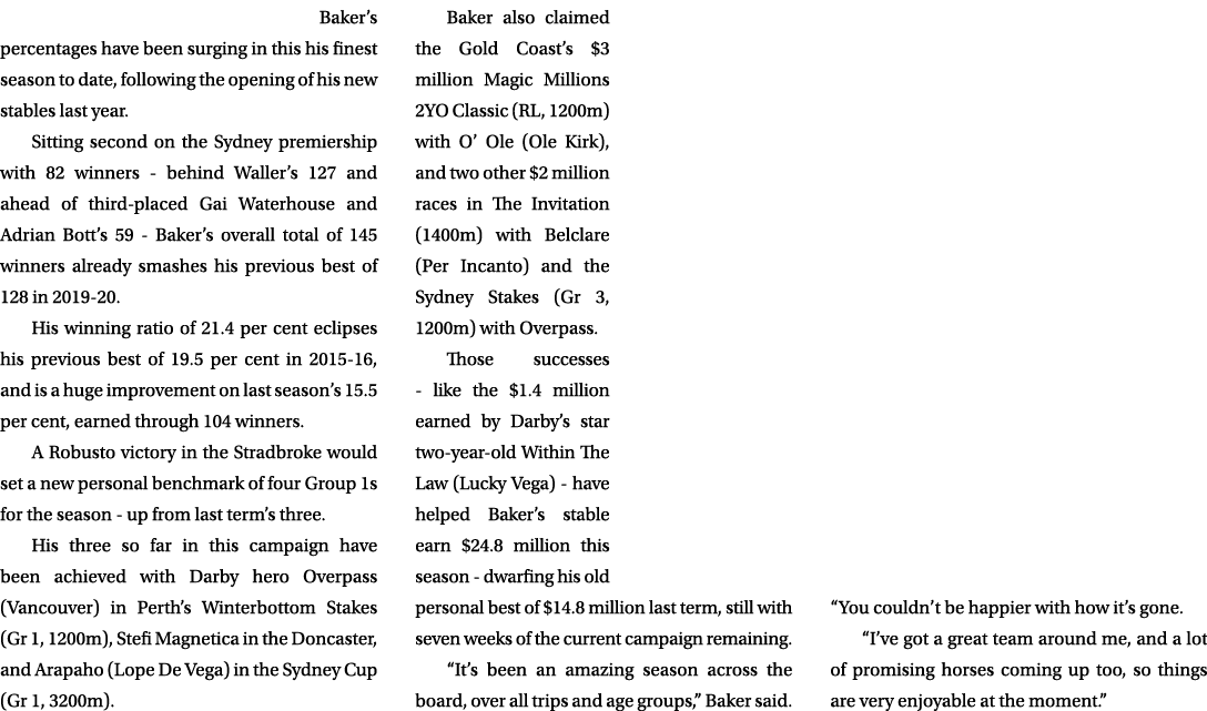  Baker’s percentages have been surging in this his finest season to date, following the opening of his new stables la...