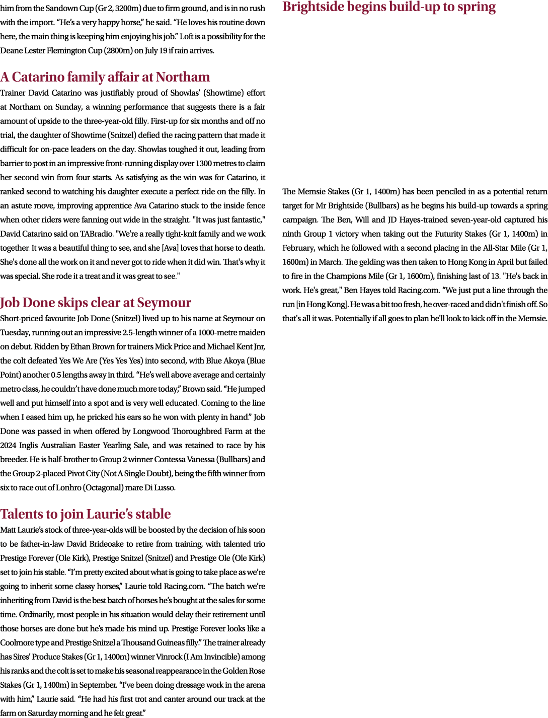 him from the Sandown Cup (Gr 2, 3200m) due to firm ground, and is in no rush with the import. “He’s a very happy hors...