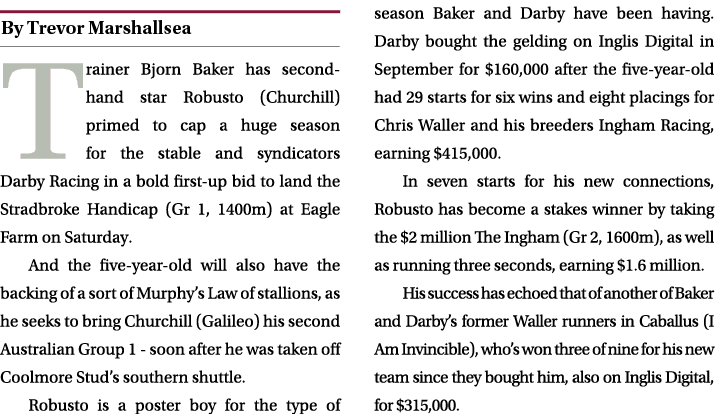 ￼ Trainer Bjorn Baker has second hand star Robusto (Churchill) primed to cap a huge season for the stable and syndica...