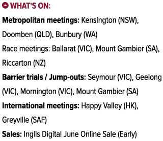 ￼ What's on: Metropolitan meetings: Kensington (NSW), Doomben (QLD), Bunbury (WA) Race meetings: Ballarat (VIC), Moun...