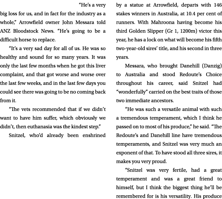 “He’s a very big loss for us, and in fact for the industry as a whole,” Arrowfield owner John Messara told ANZ Bloods...