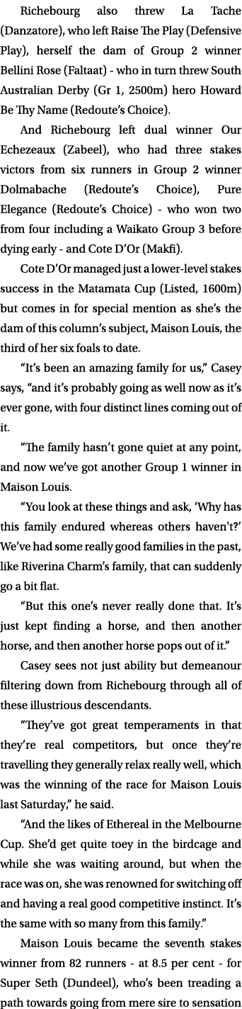 Richebourg also threw La Tache (Danzatore), who left Raise The Play (Defensive Play), herself the dam of Group 2 winn...