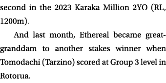 second in the 2023 Karaka Million 2YO (RL, 1200m). And last month, Ethereal became great granddam to another stakes w...