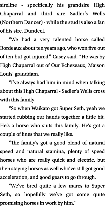 sireline specifically his grandsire High Chaparral and third sire Sadler’s Wells (Northern Dancer) while the stud is ...