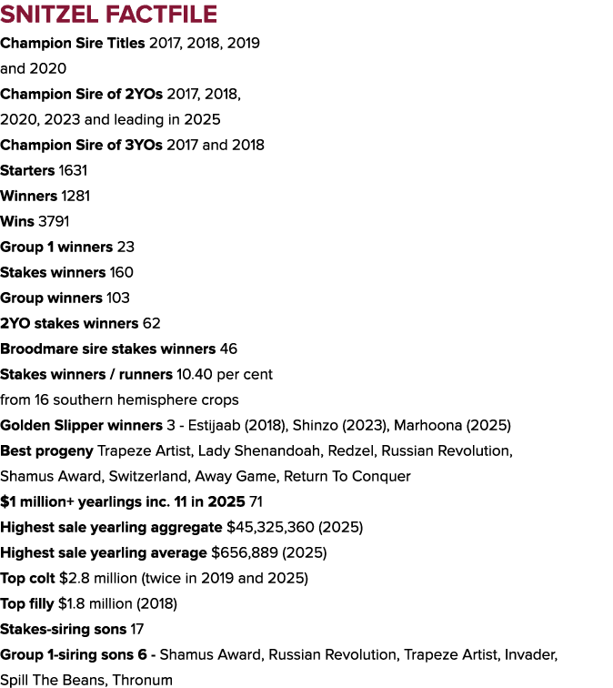 SNITZEL FACTFILE Champion Sire Titles 2017, 2018, 2019 and 2020 Champion Sire of 2YOs 2017, 2018, 2020, 2023 and lead...