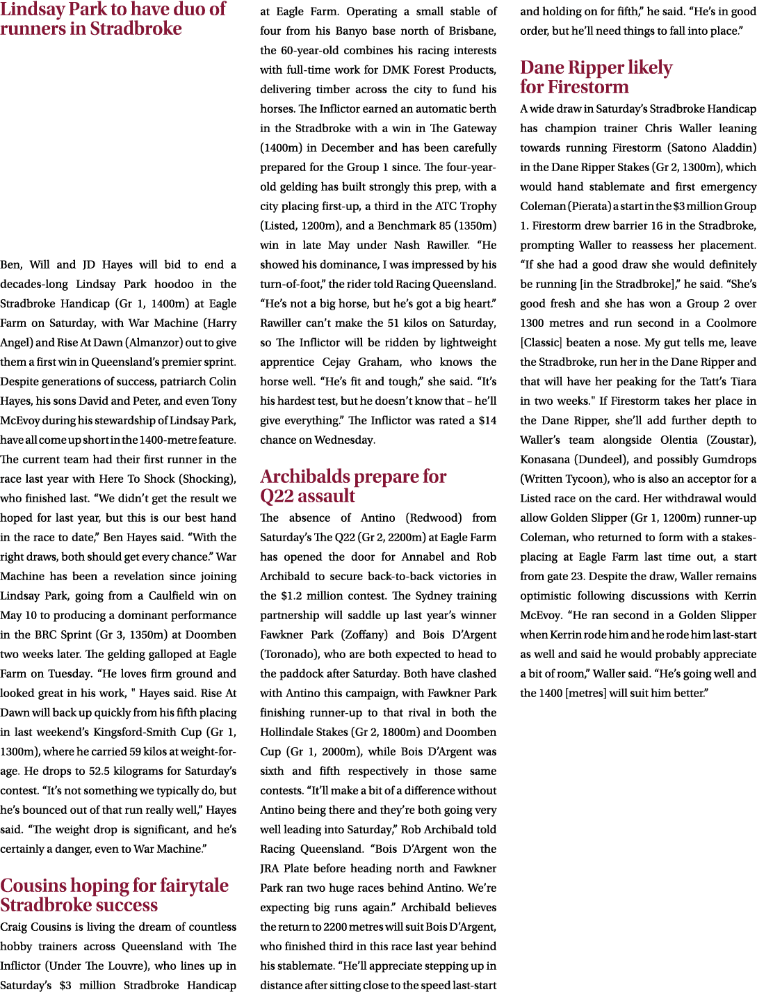 Lindsay Park to have duo of runners in Stradbroke Ben, Will and JD Hayes will bid to end a decades long Lindsay Park ...