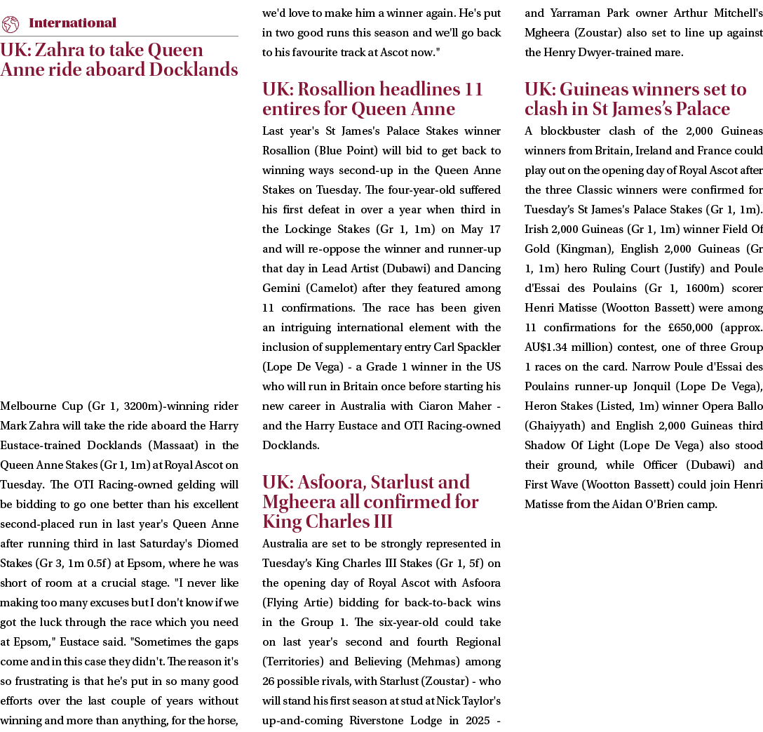 ￼ UK: Zahra to take Queen Anne ride aboard Docklands Melbourne Cup (Gr 1, 3200m) winning rider Mark Zahra will take t...