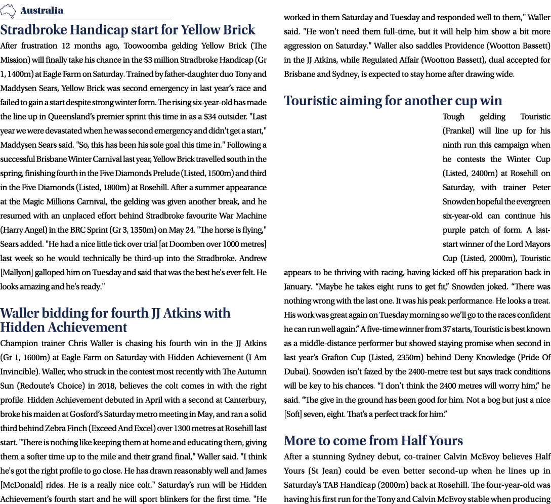 ￼ Stradbroke Handicap start for Yellow Brick After frustration 12 months ago, Toowoomba gelding Yellow Brick (The Mis...