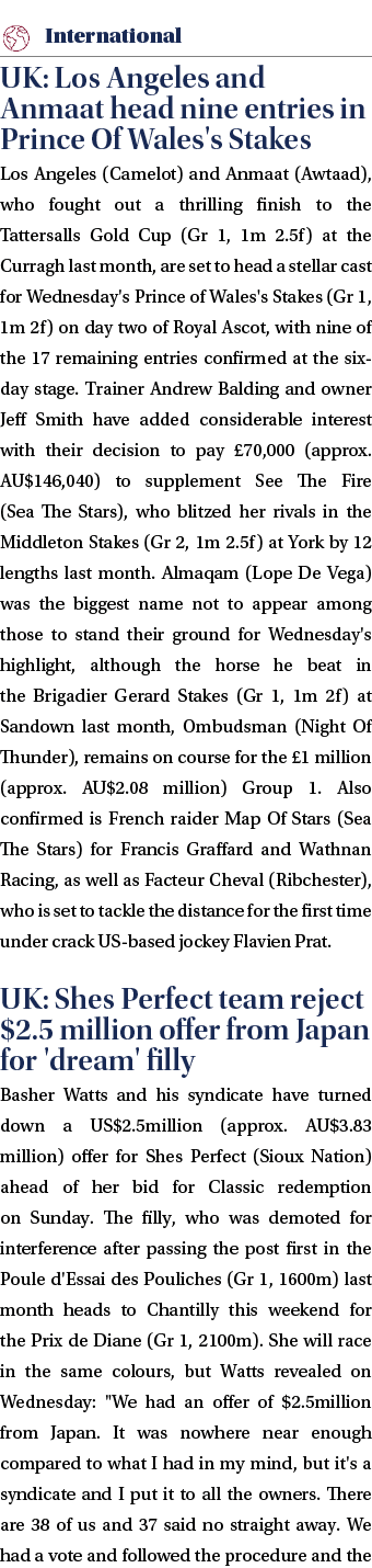 ￼ UK: Los Angeles and Anmaat head nine entries in Prince Of Wales's Stakes Los Angeles (Camelot) and Anmaat (Awtaad),...