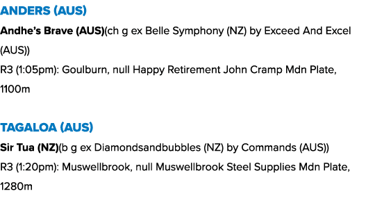 Anders (AUS) Andhe’s Brave (AUS)(ch g ex Belle Symphony (NZ) by Exceed And Excel (AUS)) R3 (1:05pm): Goulburn, null H...