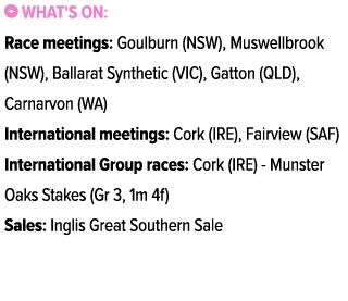 ￼ What's on: Race meetings: Goulburn (NSW), Muswellbrook (NSW), Ballarat Synthetic (VIC), Gatton (QLD), Carnarvon (WA...