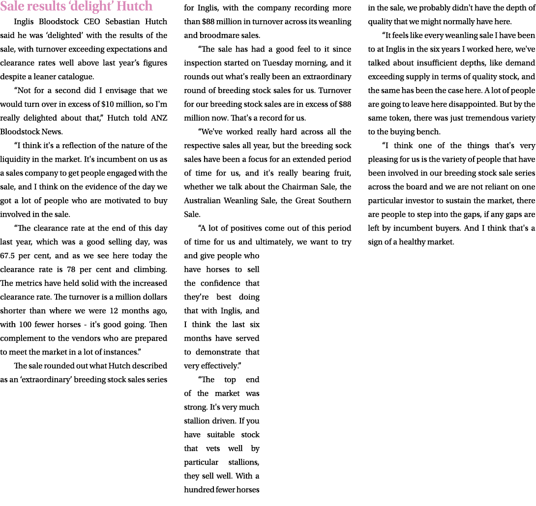 Sale results ‘delight’ Hutch Inglis Bloodstock CEO Sebastian Hutch said he was ‘delighted’ with the results of the sa...