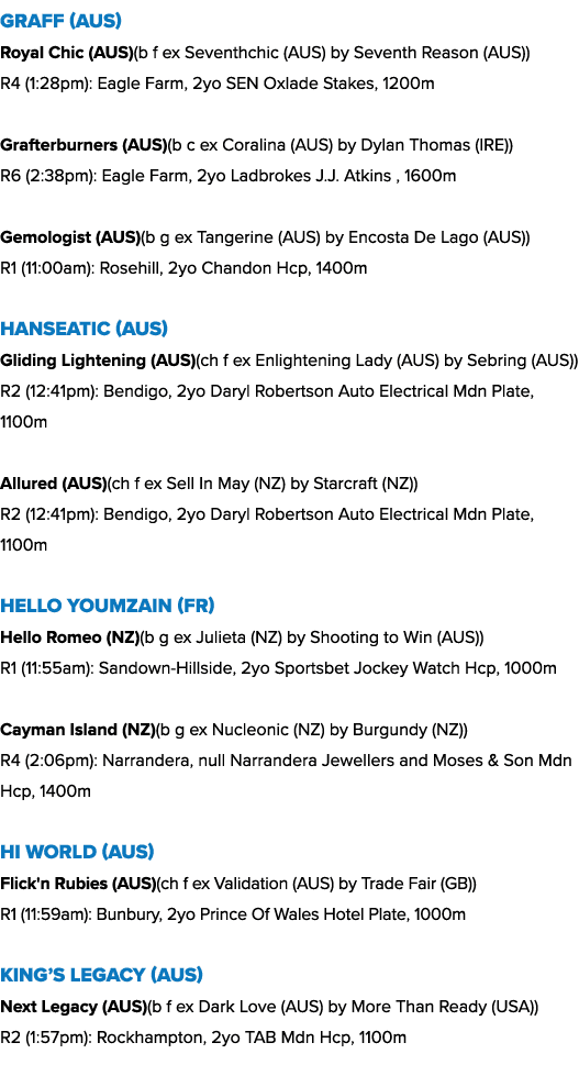 Graff (AUS) Royal Chic (AUS)(b f ex Seventhchic (AUS) by Seventh Reason (AUS)) R4 (1:28pm): Eagle Farm, 2yo SEN Oxlad...