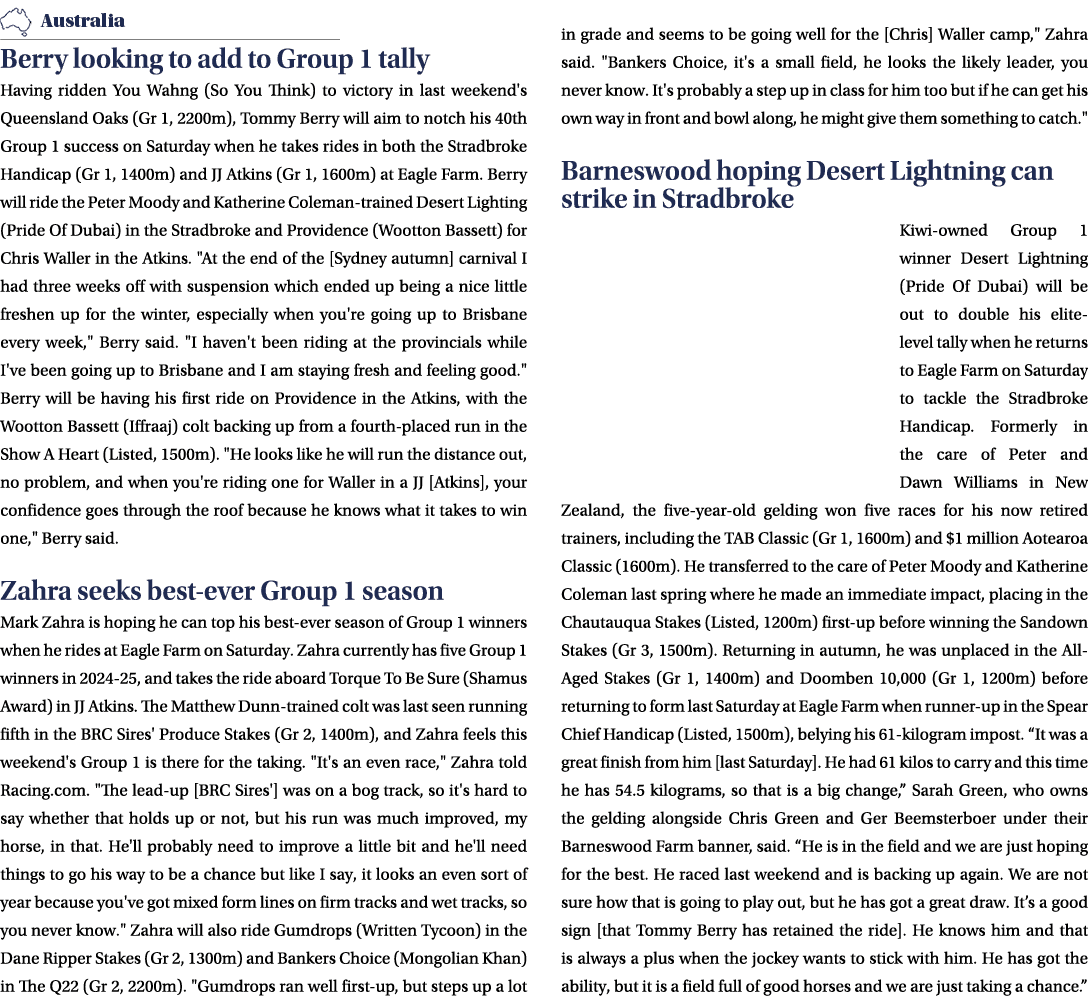 ￼ Berry looking to add to Group 1 tally Having ridden You Wahng (So You Think) to victory in last weekend's Queenslan...