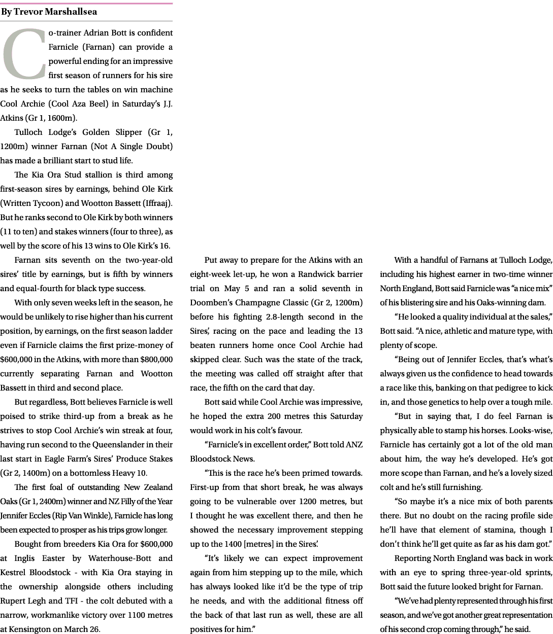 ￼ Co trainer Adrian Bott is confident Farnicle (Farnan) can provide a powerful ending for an impressive first season ...