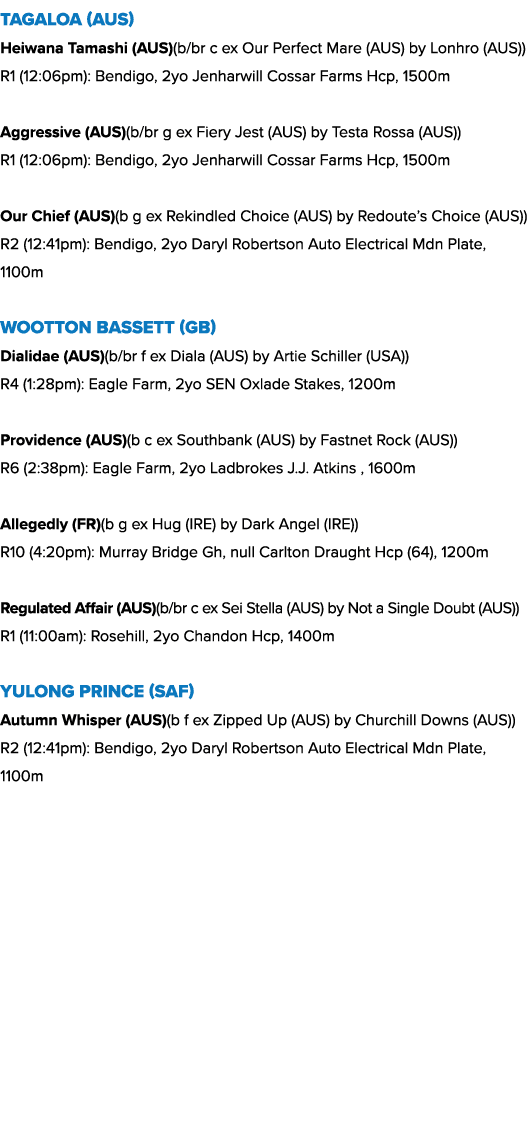 Tagaloa (AUS) Heiwana Tamashi (AUS)(b/br c ex Our Perfect Mare (AUS) by Lonhro (AUS)) R1 (12:06pm): Bendigo, 2yo Jenh...