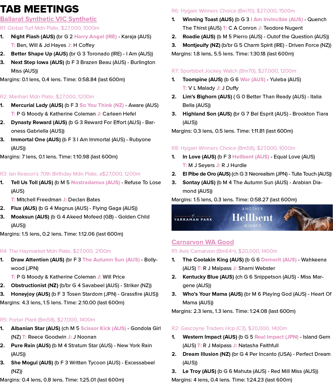 Tab Meetings Ballarat Synthetic VIC Synthetic R1: Global Turf Mdn Plate, $27,000, 1000m 1. Night Flash (AUS) (br G 2 ...