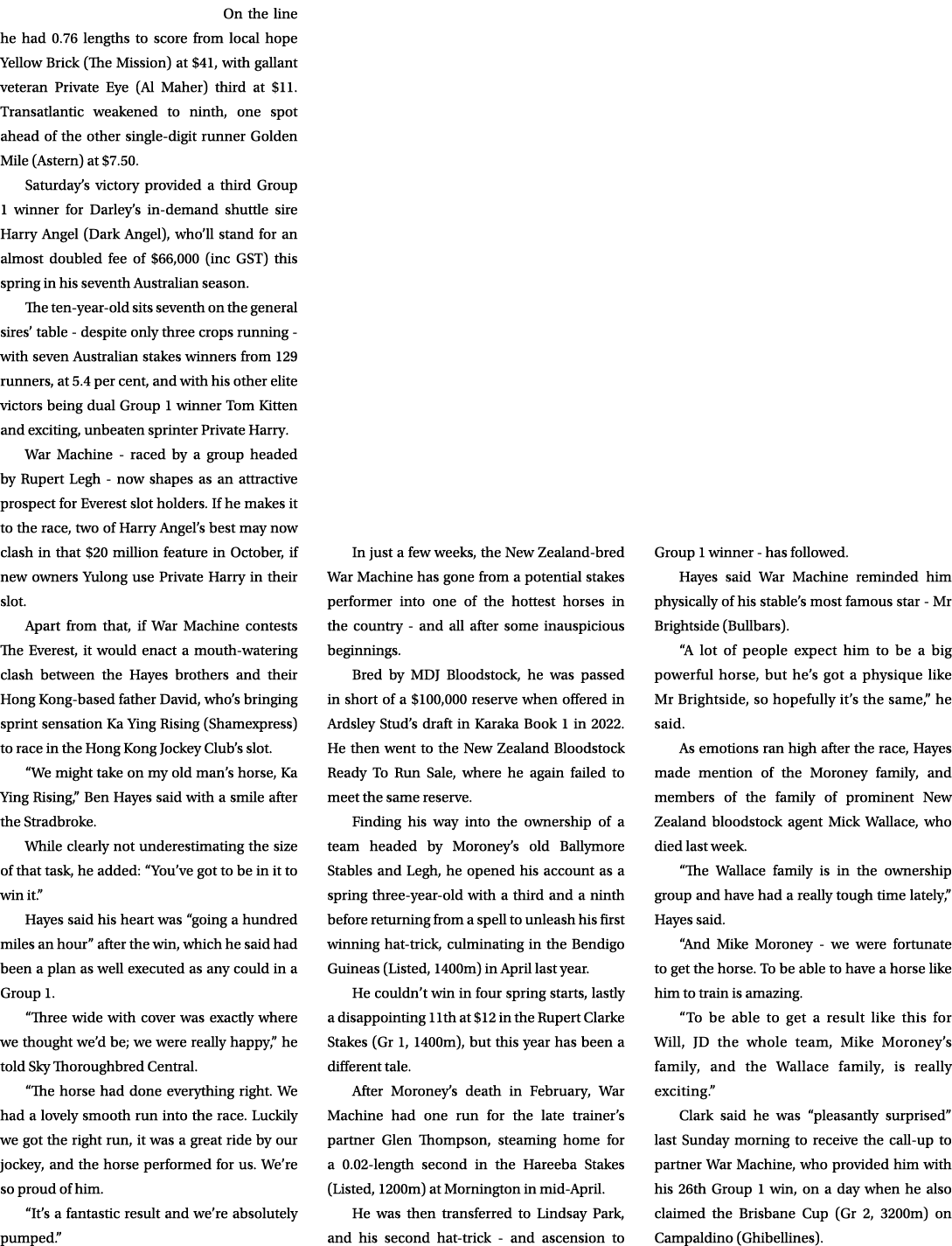 On the line he had 0.76 lengths to score from local hope Yellow Brick (The Mission) at $41, with gallant veteran Priv...